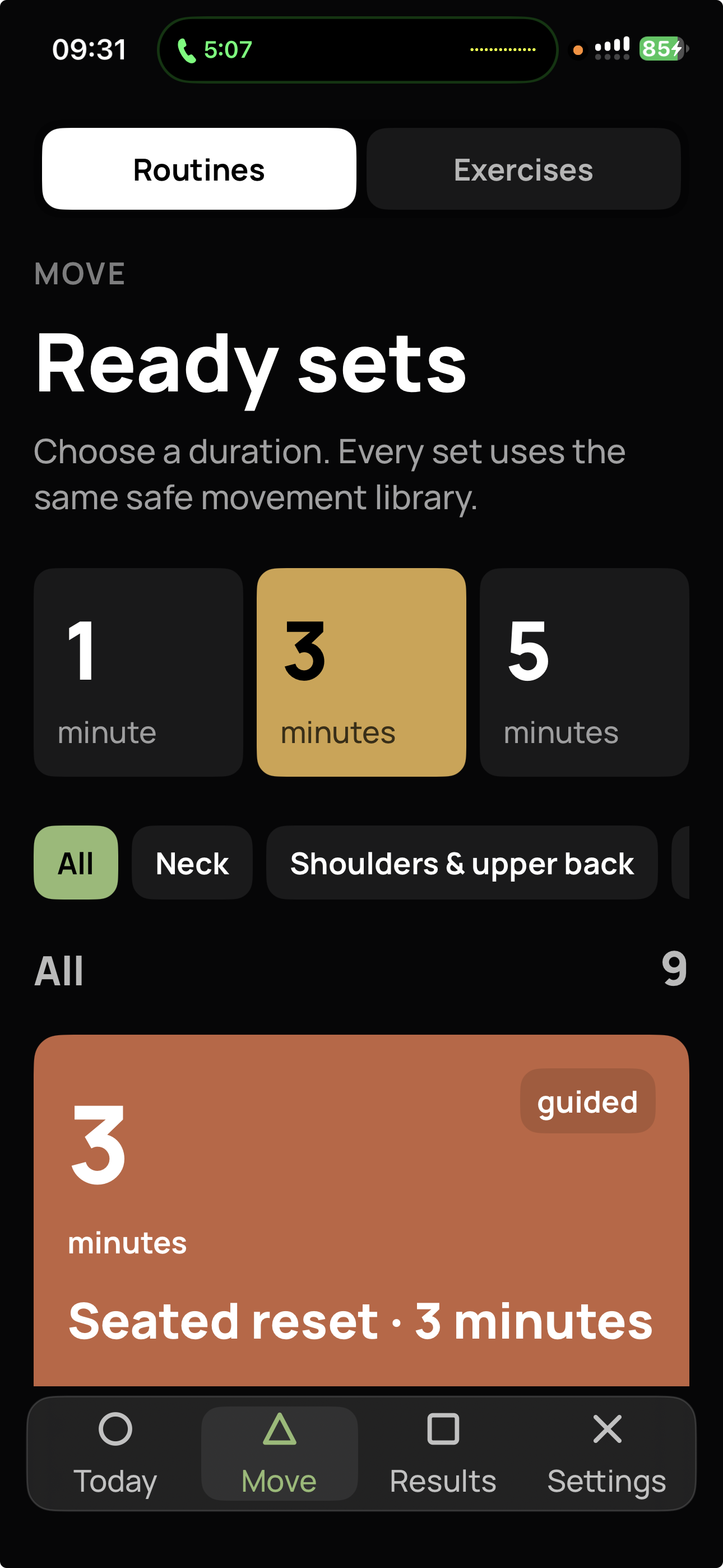 Current Persfit 1.0 Ready Sets screen with duration and body-area filters