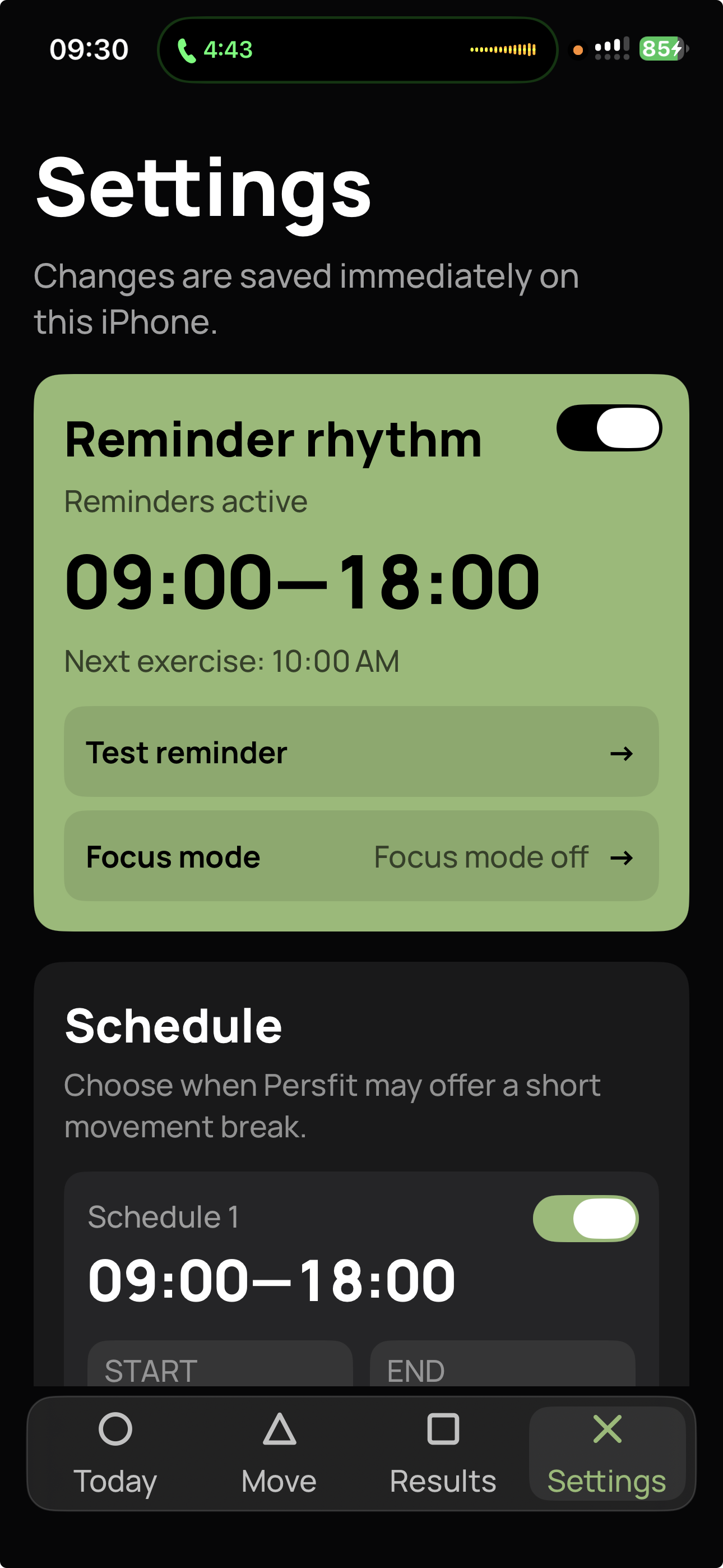 Current Persfit 1.0 Settings screen with reminder rhythm and schedule controls