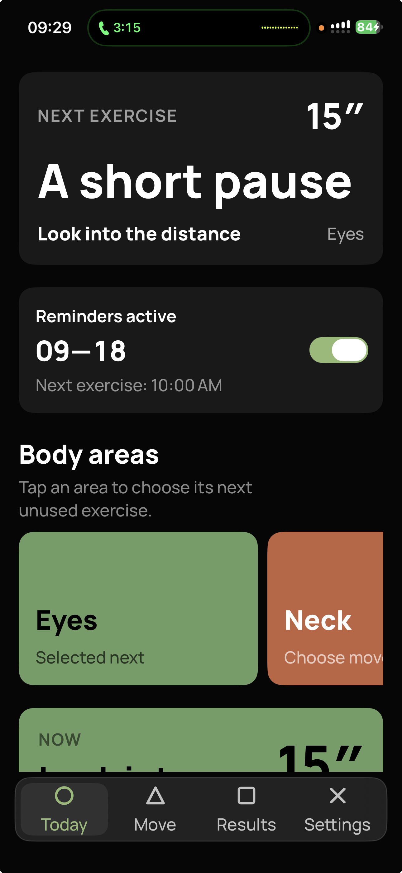 Current Persfit 1.0 Today screen with the next exercise and body-area picker